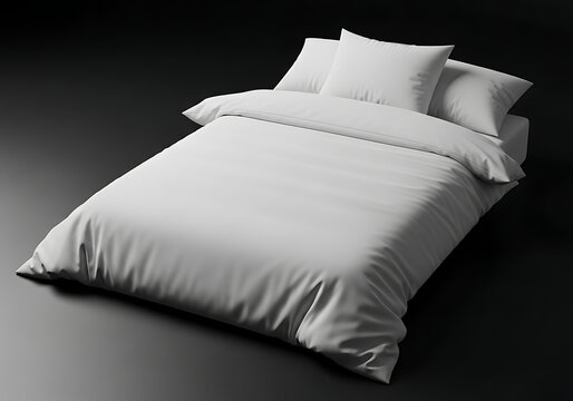 isolated white duvet cover and pillows on bed, clean bedroom linen set for interior design mockups, textile fabric sample