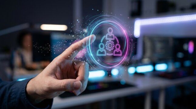 Hand Touching Holographic Team Management Interface in Office