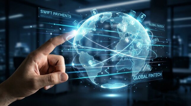 Hand Touching Holographic World Map for Global Fintech