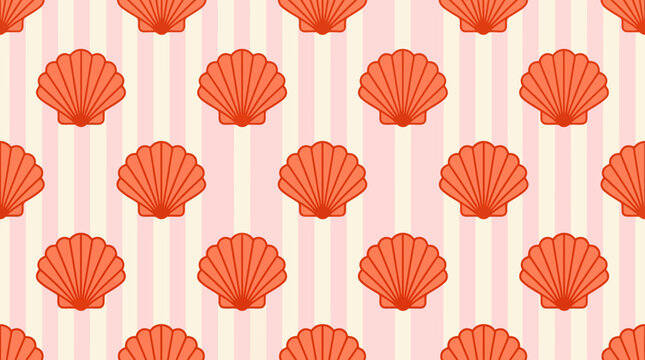 Red scallop shell pattern on pale striped background, a seamless nautical wallpaper design for d&eacute;cor, fashion, and graphic projects