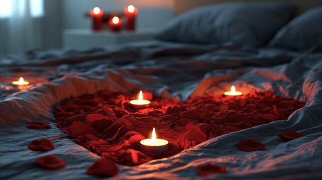 Heart shaped rose petal bed decoration with burning tealight candles for romantic setting
