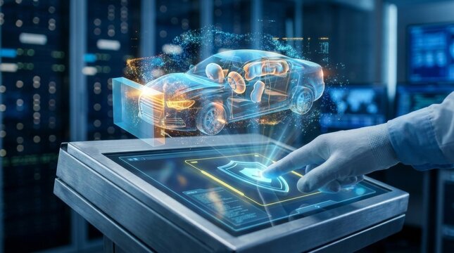Engineer Activating Holographic Car Safety System In Laboratory