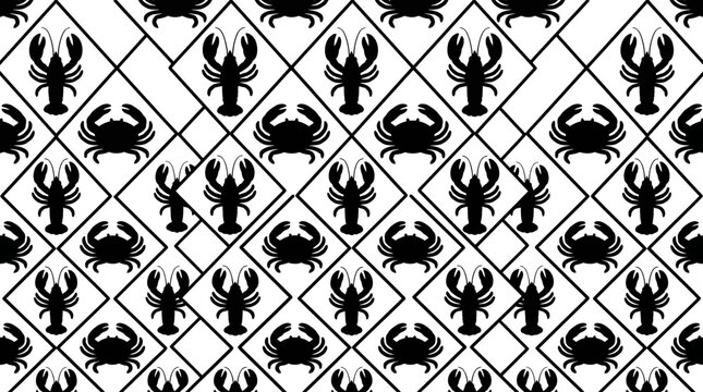 Seamless repeating pattern of black scorpions in diamond lattice on white background with grid lines