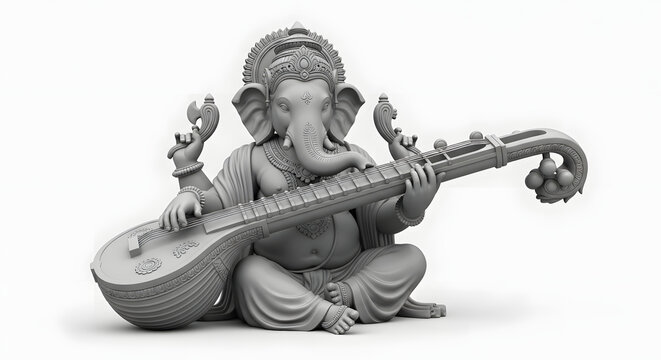 Gray statue of Ganesha playing a stringed musical instrument on white background