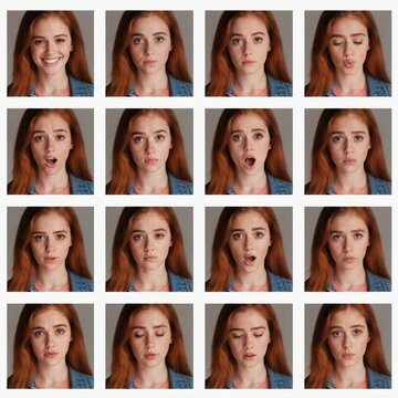 Young woman displays multiple facial expressions like happy, surprised, sad, angry, and thoughtful. Collage of portraits shows diverse emotions and moods, useful for psychology, acting, or marketing.