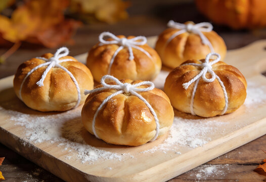 Autumnal pumpkin shaped breads with white ribbons on wooden board with flour
