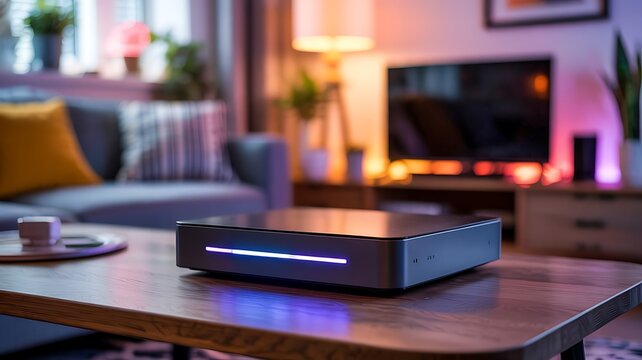 Modern home entertainment setup featuring a sleek media box on a wooden coffee table in a warmly lit living room