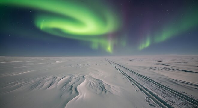 Northern Lights Display Over Snowy Landscape.