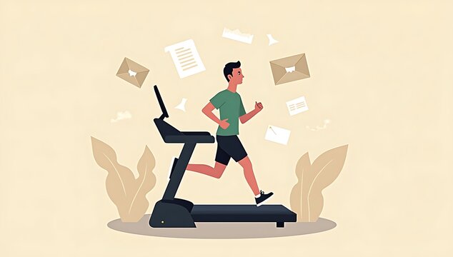 A person running on a treadmill surrounded by office elements like laptop and papers, but not moving forward, minimal symbolic composition