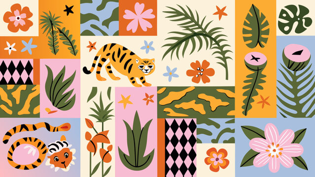 colorful patchwork illustration with tiger leopard and tropical plants