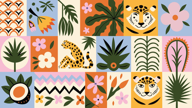 colorful patchwork illustration of animals and tropical foliage