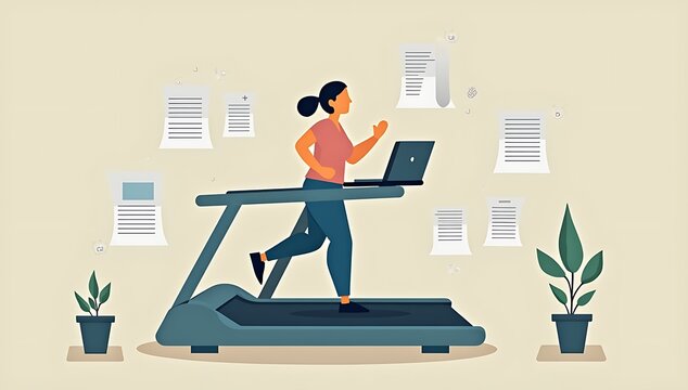 A person running on a treadmill surrounded by office elements like laptop and papers, but not moving forward, minimal symbolic composition