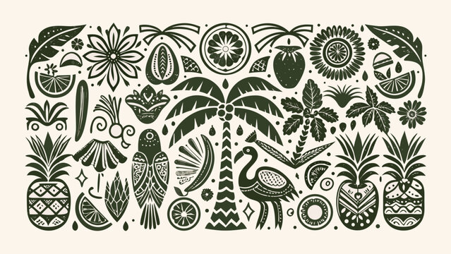 Tropical illustration with palm leaves pineapples and birds in monochrome