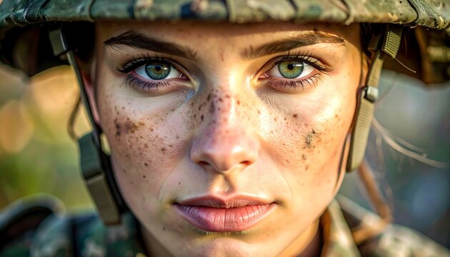 Soldier gazes intensely; camouflage helmet, subtle shadows on skin. Unwavering expression