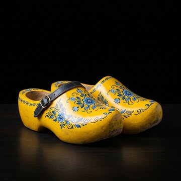 Traditional Dutch Wooden Clogs (Klompen): A pair of classic yellow-painted Dutch wooden clogs with hand-painted blue floral motifs, placed side-by-side, studio lighting, deep black background, 1:1 rat