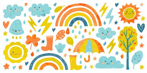 hand drawn weather illustration with rainbows sun clouds and rain © MihirKumarMondal