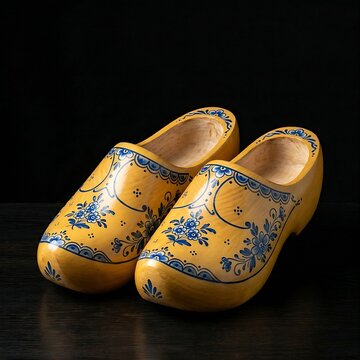 Traditional Dutch Wooden Clogs (Klompen): A pair of classic yellow-painted Dutch wooden clogs with hand-painted blue floral motifs, placed side-by-side, studio lighting, deep black background, 1:1 rat