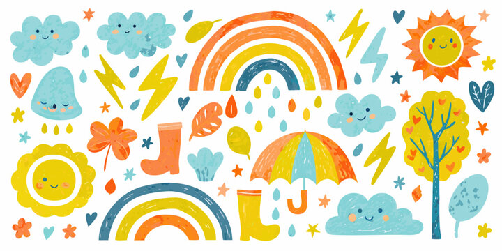 hand drawn weather illustration with rainbows sun clouds and rain