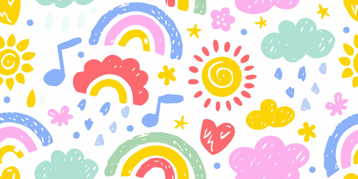 playful pattern of rainbows suns clouds and musical notes colorful