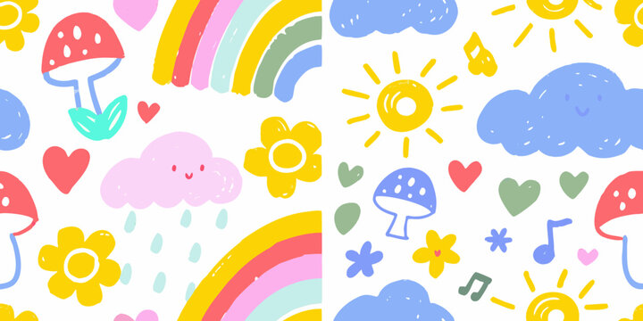 playful pattern with rainbows mushrooms and clouds colorful illustration