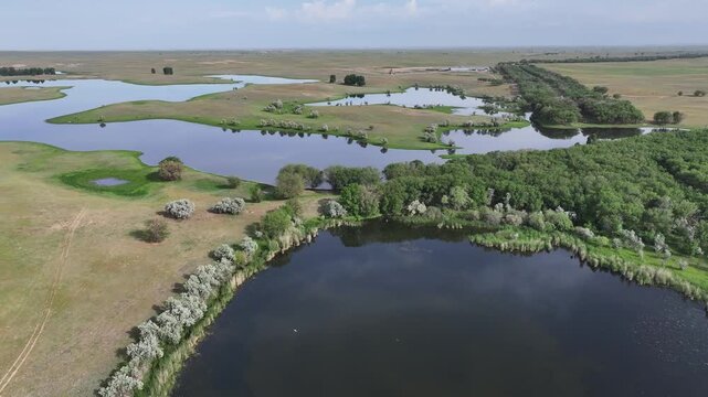 A quadcopter view of picturesque lakes in the steppe on a spring day near the Kazakh city of Almaty.
