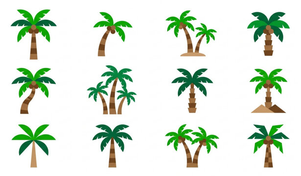 Minimal coconut tree icon set with tropical palm illustrations for travel and beach branding