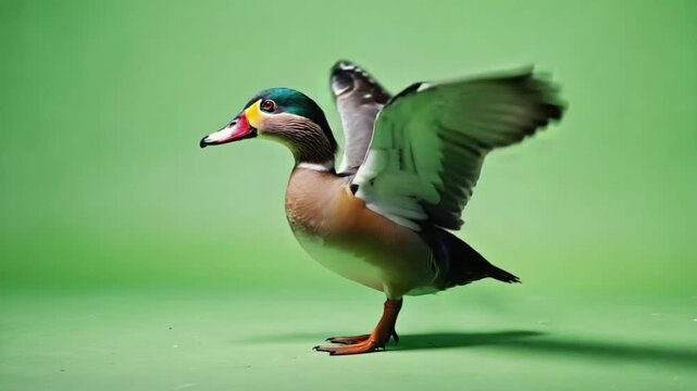 colorful mandarin duck spreading wings in vibrant green natural background