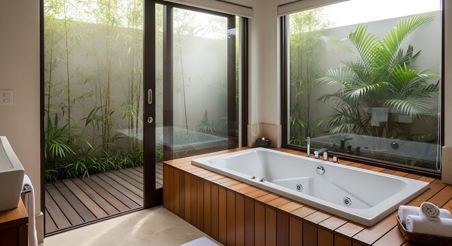 Modern bathroom with outdoor jacuzzi tub.