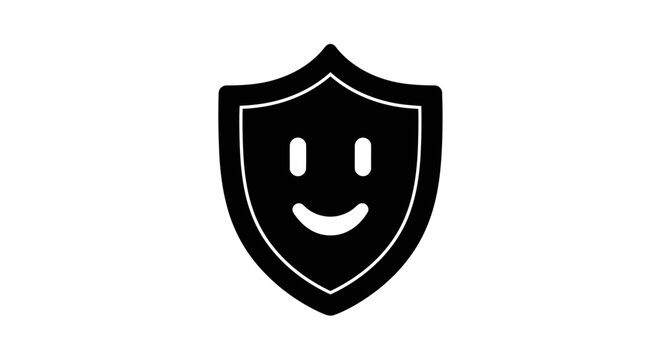 A black shield with a white smiley face on a white background