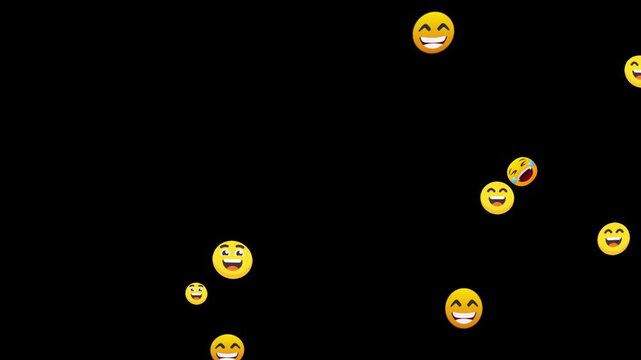 Various Laughing Emoji Icon Bubble Particles Floating on Black Background. Dynamic Laughing Emoji Particle Effect. Random Floating Laughing Emoji Bubble Animation