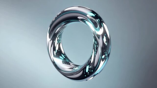 Rotating metallic torus floating in neutral space. Abstract 3d shape spinning to show glossy reflective surfaces. Modern geometric minimalism design technology.