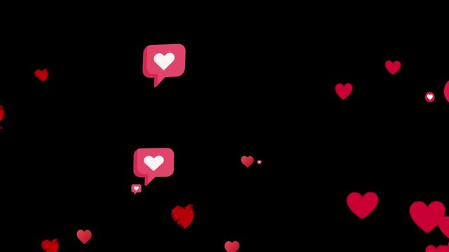 Various Love Emoji Icon Bubble Particles Floating on Black Background.  Dynamic Love Emoji Particle Effect. Random Floating Love Emoji Bubble Animation for Love. 