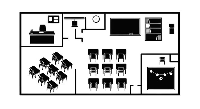 A black and white diagram of a classroom layout