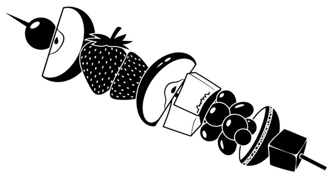 A black and white image of fruit and cheese on a skewer
