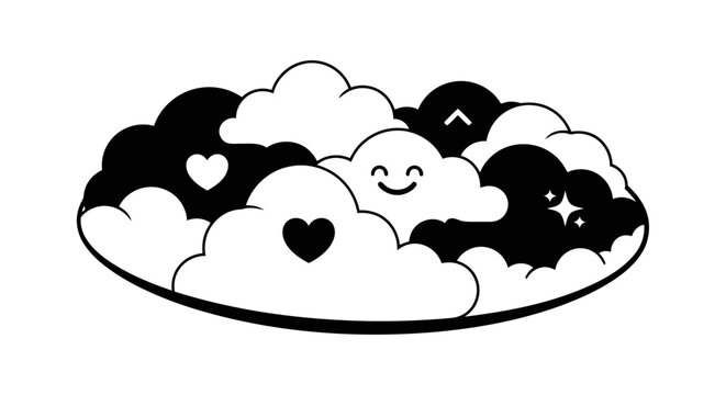 A black and white illustration of smiling clouds with hearts and stars