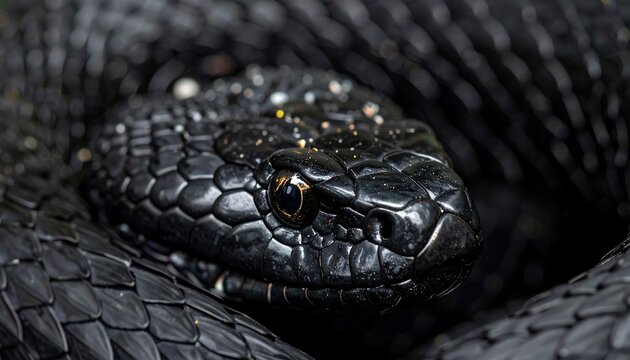 Close up black snake scales, eye detail