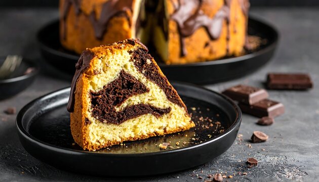 Chocolate and vanilla swirled cake slice