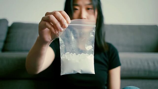 A woman holding a plastic bag with white powder.