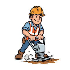 Fototapeta premium Construction worker compacting soil with a plate compactor, cartoon illustration