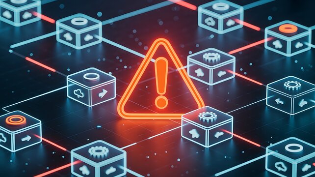 Cybersecurity alert network illustration glowing isometric design with warning sign and interconnected data cubes