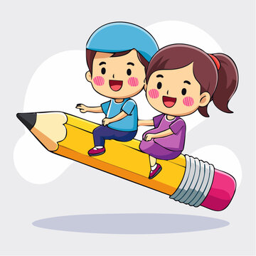 Children Riding a Flying Pencil