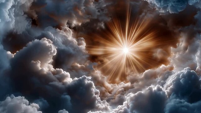 Bright sun rays breaking through thick dark storm clouds in the sky. Divine light shining in heaven space. Heavenly hope concept, spiritual nature background.