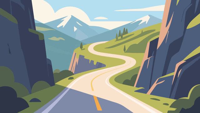Illustration Of A Winding Mountain Road Surrounded By Cliffs Vector Design Template