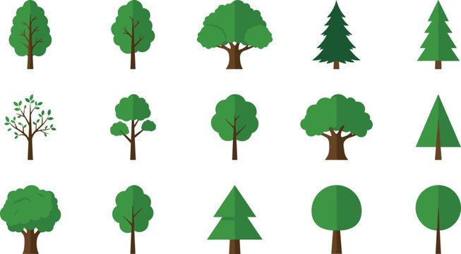 Fifteen different tree icons in various shapes and styles vector illustration collection set
