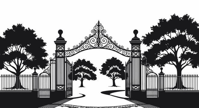 A black and white illustration of an ornate gate