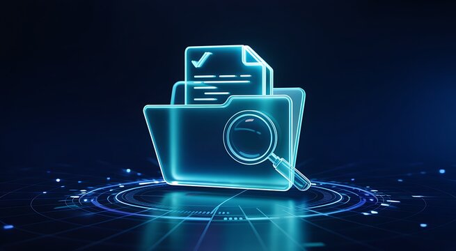 Digital document management system concept with glowing folder checklist and magnifying glass on a tech circuit board