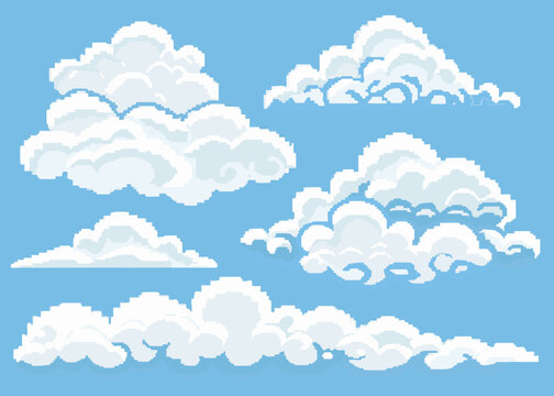 pixel art clouds fluffy white shapes on blue background