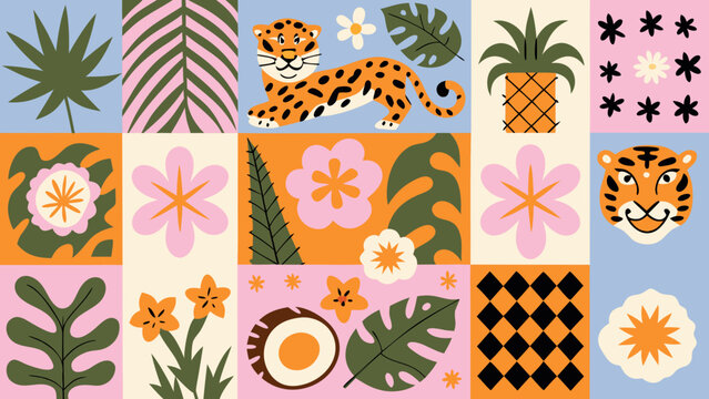 colorful patchwork illustration with leopard tiger and tropical plants