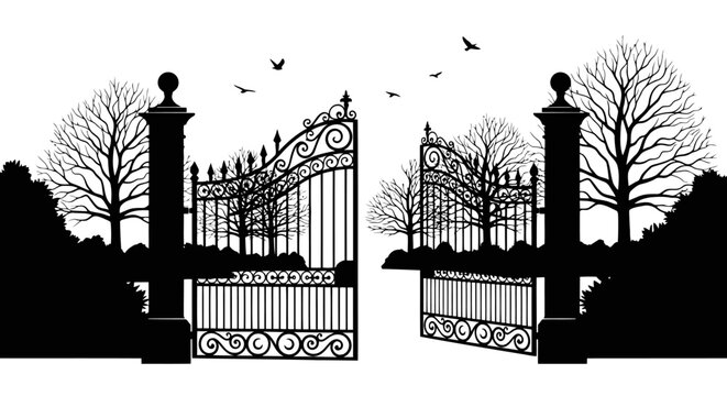 A black and white image of an open wrought iron gate