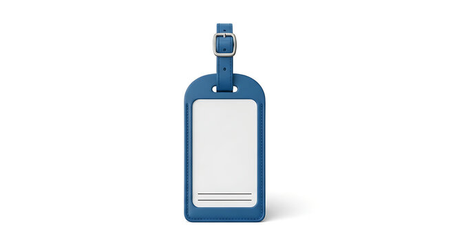 Isolated blue leather luggage tag with empty insert, school bag accessory, travel identification, personal belongings security